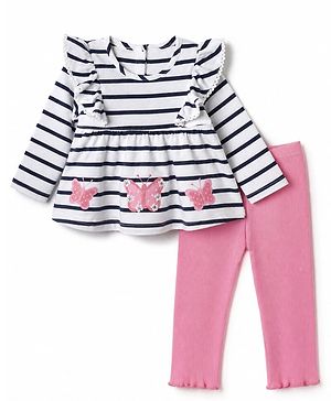 Babyhug 100% Cotton Single Jersey Knit Full Sleeves Top and Pant With Stripes Print & Butterfly Patch - White