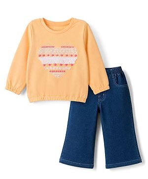 Babyhug 100% Cotton Terry Knit Full Sleeves Top and Denim Jeans with Embroidered Heart - Peach & Blue