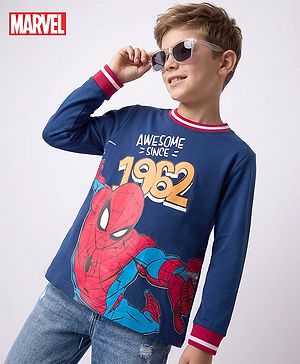 Pine Kids Marvel 100% Cotton Terry Knit Full Sleeves T-Shirt with Spiderman Graphic - Navy Blue