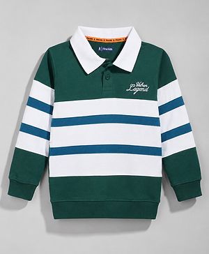 Pine Kids Cotton Knit Stripes Sweatshirt with Full Sleeves and Urban Legend Text Embroidery - Green