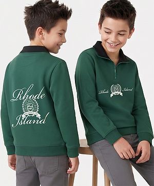 Pine Kids Cotton Knit Sweatshirt With Full Sleeves and Rhode Island Text Print in Front & Back - Green