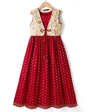 Pine Kids Woven Ethnic Dress and Ethnic Jacket with Sleeveless and Floral Embroidery in Maroon for 4-5 Years