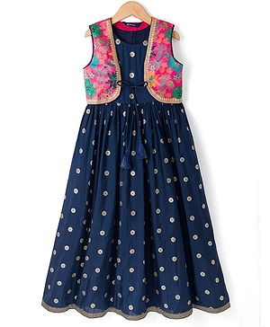 Pine Kids Woven Ethnic Dress and Ethnic Jacket with Sleeveless and Floral Print in Navy Blue for 4-5 Years