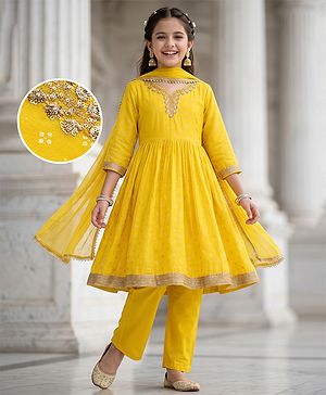 Pine Kids Woven Kurti and Pant With Dupatta With Three Fourth Sleeves and Floral Motifs Foil Print in Yellow
