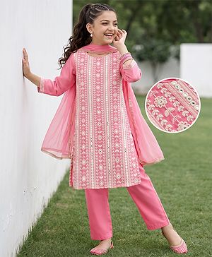 Pine Kids Woven Kurti, Pant and Dupatta with Three Fourth Sleeves and Floral Embroidery in Light Pink