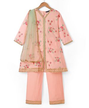 Pine Kids Woven Kurta and Churidar Set with Three Fourth Sleeves and Floral Print in Light Peach