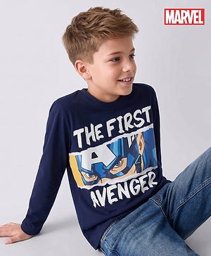 Pine Kids Marvel 100% Cotton Terry Knit Full Sleeves T-Shirt with Captain America Print - Navy Blue
