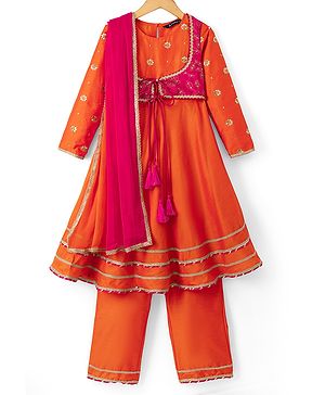 Pine Kids Woven Kurti and Salwar Dupatta with Three Fourth Sleeves and Floral Embroidery in Orange