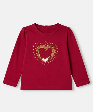 Babyhug Cotton Knit Full Sleeves Top with Heart Sequins - Burgundy