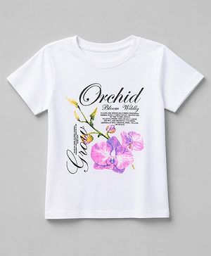 Pine Kids 100% Cotton Knit T-Shirt with Half Sleeves and Orchid Text in White