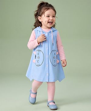 Babyhug Woven Full Sleeves Frocks with Tee & Legging with Knee Length and Cat Applique in Blue