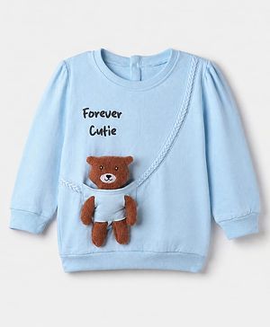 Babyhug 100% Cotton Knit Sweatshirt with Full Sleeves and Bear Applique in Light Blue