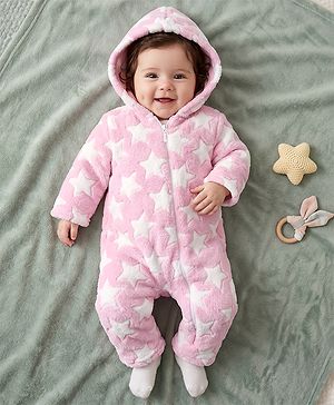 Babyhug Fur Knit Full Sleeves Hooded Winterwear Romper With Star Design - Pink