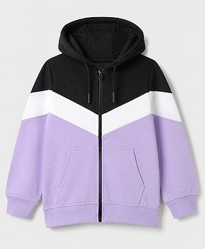 Pine Kids Cotton Mixes Knit Front Zipper Full Sleeves Hooded Sweatshirt with Cut & Sew with Kangaroo Pockets - Black & Lavender