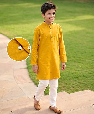 Pine Kids Woven Full Sleeves Kurta Pyjama Set with Full Length and Mirror Work in Mustard