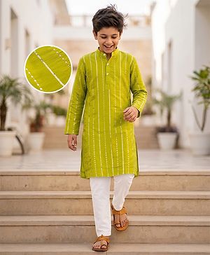 Pine Kids Woven Full Sleeves Striped Sequinned Kurta & Pyjama Set - Limegreen