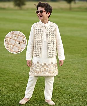 Pine Kids Woven Kurta Pyjama Set and Jacket with Full Sleeves and Floral Border Sequins in Off-White