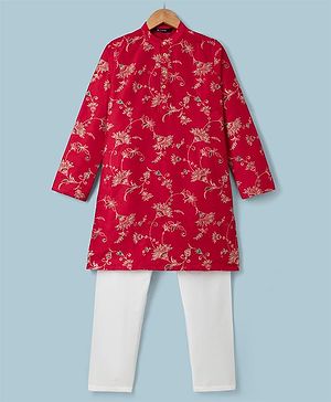 Pine Kids Woven Full Sleeves Floral Printed Kurta & Pyjama Set - Red