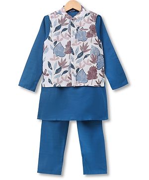Pine Kids Woven Full Sleeves Kurta & Pyjama Set With Floral Printed Jacket - Teal Blue