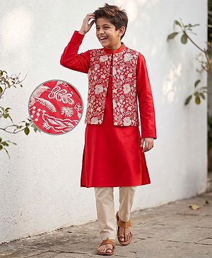 Pine Kids Woven Full Sleeves Kurta & Pajama Set With Embroidered Jacket - Red