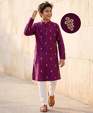 Pine Kids Woven Full Sleeves Kurta Pyjama Set With Floral Print - Wine