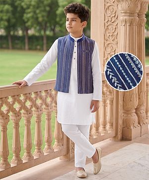 Pine Kids Woven Full Sleeves Kurta Pyjama Set and Jacket with Stripes Embroidery in White for 4-5 Years