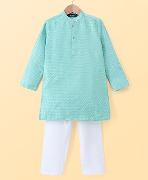 Pine Kids Woven Full Sleeves Kurta Pyjama Set With Self Texture Work - Aqua Blue