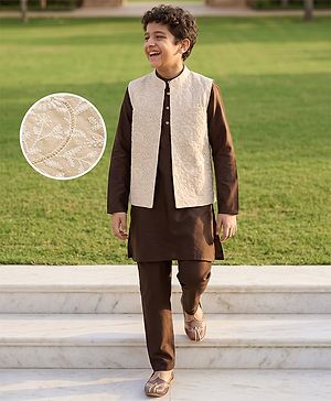 Pine Kids Woven Full Sleeves Kurta Pyjama and Jacket Set with Paisley and Floral Vines Embroidery in Brown