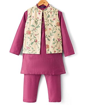 Pine Kids Woven Full Sleeves Kurta Pyjama Set with Jacket & Floral Embroidery in Plum