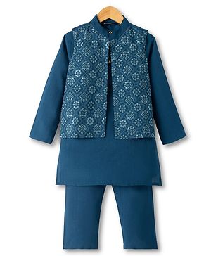 Pine Kids Woven Full Sleeves Kurta Pyjama Set and Jacket with Geometric Floral Pattern Embroidery - Navy Blue