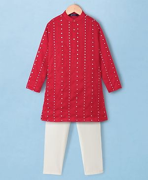 Pine Kids Woven Kurta Pyjama Set with Full Sleeves and Dot Sequins in Red