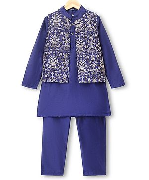 Pine Kids Woven Full Sleeves Kurta Pyjama Set with Jacket Full Length and Floral Pattern Print in Purple