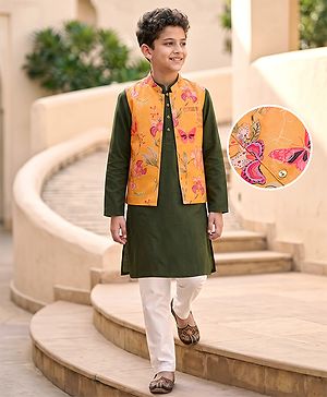 Pine Kids Woven Kurta, Pajama and Jacket with Full Sleeves and Flowers and Butterflies Print in Olive Green for 4-5 Years