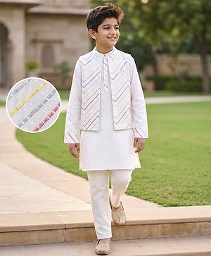 Pine Kids Woven Kurta Pyjama Set with Full Sleeves Jacket and Chevron Sequins in White