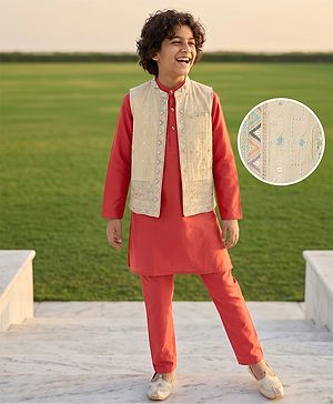 Pine Kids Woven Kurta Pyjama Set and Jacket with Full Sleeves and Geometric Patterns Embroidery in Wine