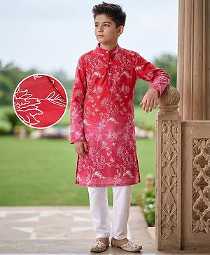 Pine Kids Woven Full Sleeves Kurta and Pyjama with Floral Print in Red for 4-5 Years