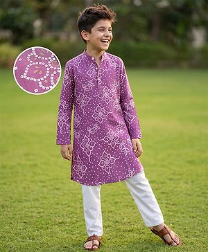 Pine Kids Woven Full Sleeves Kurta Pyjama Set with Full Length and Floral Print in Lilac for 4-5 Years