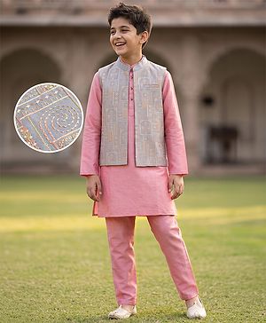 Pine Kids Woven Full Sleeves Kurta, Pyjama and Jacket with Geometric Patterns Embroidery in Pink for 4-5 Years