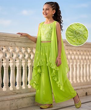 Pine Kids Woven Sleeveless Ethnic Top and Palazzo and Ethnic Jacket with Full Length and Floral Sequins in Light Green