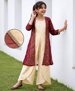 Pine Kids Woven Full Length Indo western Sets and Ethnic Jacket with Full Sleeves and Geometric Shapes Print in White
