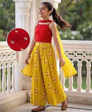 Pine Kids Woven Indo Western Sleeveless Set with Dupatta and Floral Print in Red