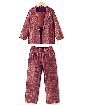 Pine Kids Woven Full Sleeves Indo western Sets Ethnic Top, Palazzo and Ethnic Jacket with Full Length and Floral Print in Dark Pink