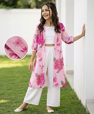 Pine Kids Woven Ethnic Top, Palazzo and Shrug with Full Sleeves and Floral Print in Pink