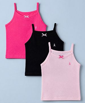 Pine Kids Cotton Lycra Knit Sleeveless Slips With Bow Applique Pack of 3 - Pink & Black