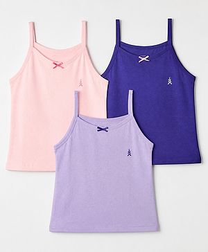 Pine Kids Cotton Knit Knitwear Bralettes with Sleeveless and Bow Applique Pack of 3 - Blue Purple & Peach