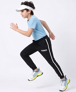 Pine Active Cotton Knit Full Length Solid Coloured Runner Printed Track Pant - Black