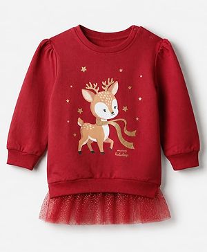 Babyhug Heavy Gauge 100% Cotton Knit Sweatshirt with Full Sleeves & Reindeer Print - Red