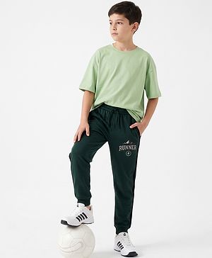 Pine Active Cotton Knit Full Length Solid Coloured Runner Printed Track Pant - Green
