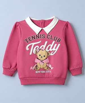Babyhug Cotton Knit Full Sleeves Sweatshirt With Bear & Text Print - Pink