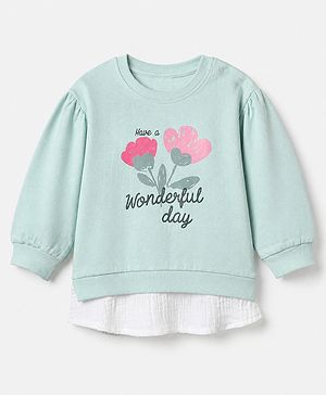 Babyhug 100% Cotton Knit Heavy Gauge Sweatshirt With Full Sleeves and Floral Print in Light Green